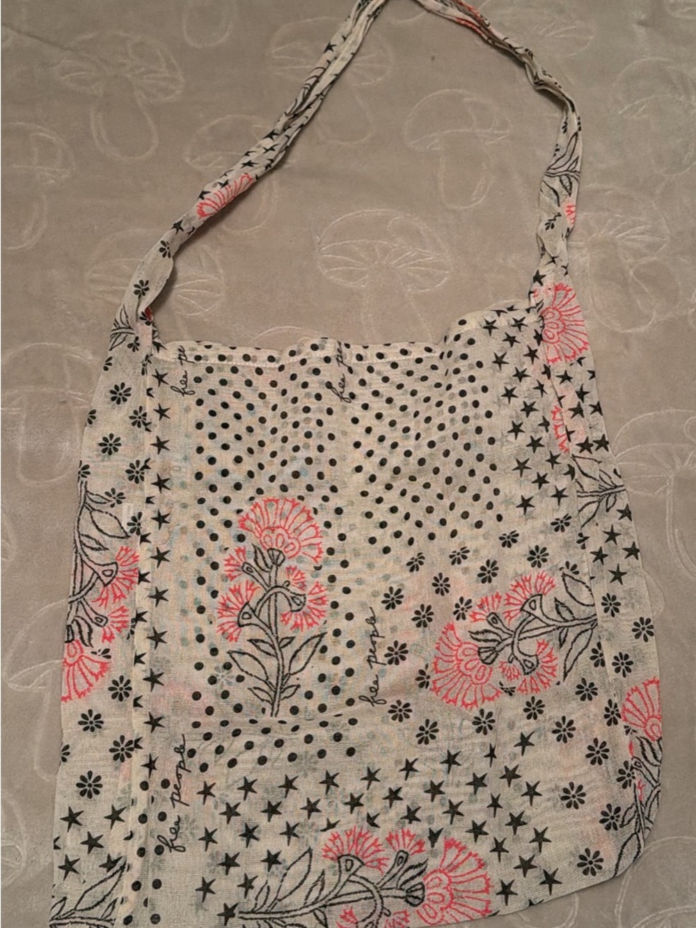 two Free People Floral & Polka Dot tote reusable shopping bags Cream Black Pink